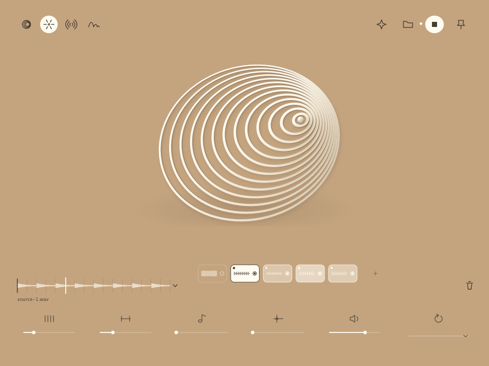The native Converge sampler with pullable ivory rings, four pattern controls and a sample bank on a tan background