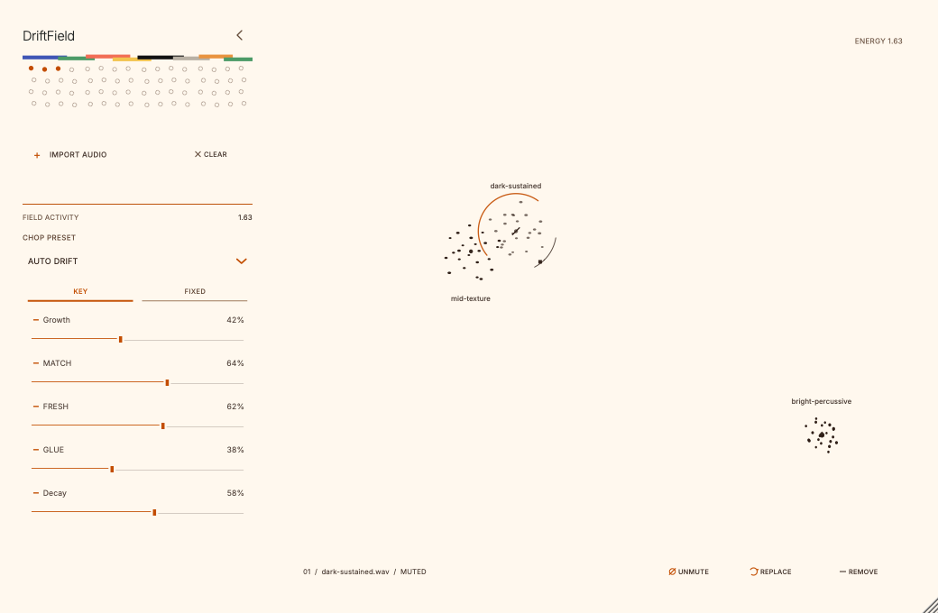 The current borderless DriftField interface with sample cells and relationship field