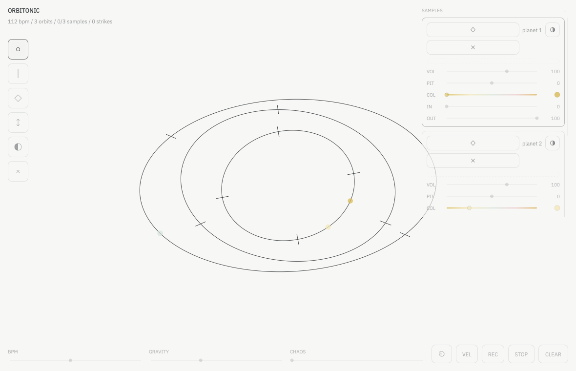 The native Orbitonic plugin interface with three sample bodies moving across orbital gates